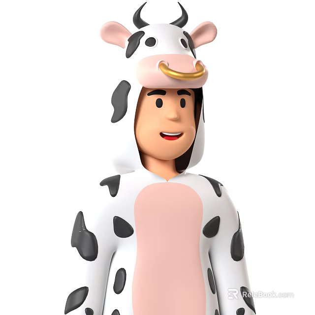 Man Wearing Cute Cow Costume With Black Spots And Golden Nose Ring 3d model 