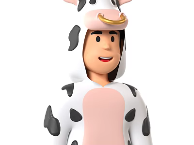 Man Wearing Cute Cow Costume With Black Spots And Golden Nose Ring 3d model
