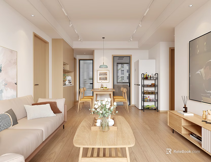 Modern Living Dining Room Interior With Sofa Coffee Table And Dining Chairs 3d model