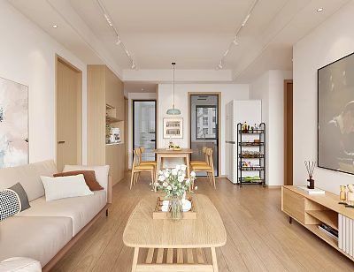 Modern Living Dining Room Interior With Sofa Coffee Table And Dining Chairs 3d model