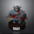Armored Knight Holding Sword With Blue Armor Horned Helmet Red Eagle Shield And Wooden Base