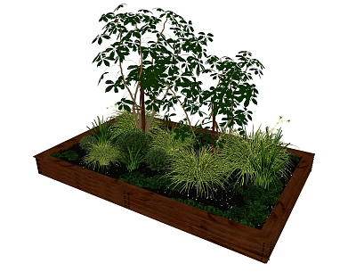 Lush Garden Plants In Wooden Planter Box With Various Green Grasses 3d model