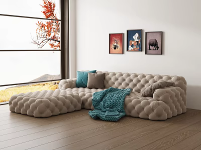 Beige Sectional Sofa with Blue Gray Cushions Throw Blanket and Wall Art in Bright Room 3d model