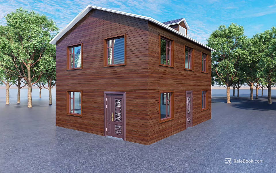 Two Story Brown Wooden House With Multiple Windows Decorative Doors And Trees Under Blue Sky 3d model 