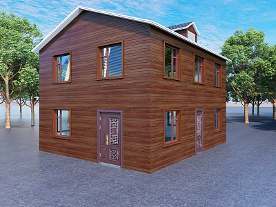 Two Story Brown Wooden House With Multiple Windows Decorative Doors And Trees Under Blue Sky 3d model
