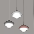 Modern Three Colored Dome Shaped Pendant Lights Hanging In Interior Space 3d model