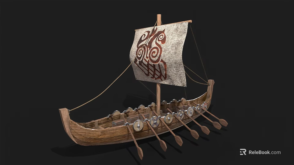 Ancient Wooden Ship With Decorative Sail And Intricate Patterns Rowing Oars And Side Shields 3d model 