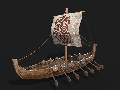 Ancient Wooden Ship With Decorative Sail And Intricate Patterns Rowing Oars And Side Shields 3d model