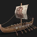 Ancient Wooden Ship With Decorative Sail And Intricate Patterns Rowing Oars And Side Shields