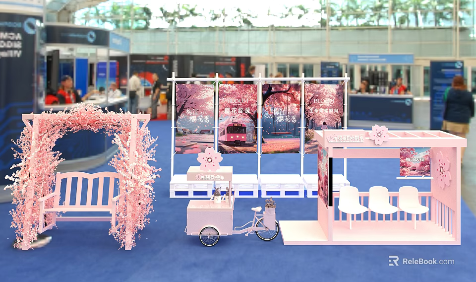 Pink Themed Tea Break Area With Cherry Blossom Backdrop White Bench Cart And Blue Carpet 3d model 