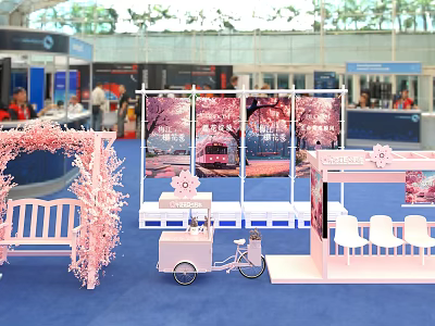 Pink Themed Tea Break Area With Cherry Blossom Backdrop White Bench Cart And Blue Carpet 3d model