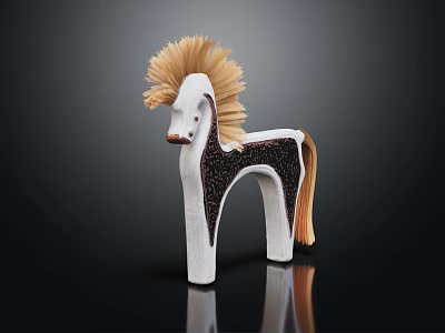 Handmade Horse Figurine With White Black Body And Yellow Straw Mane Decorative Art 3d model