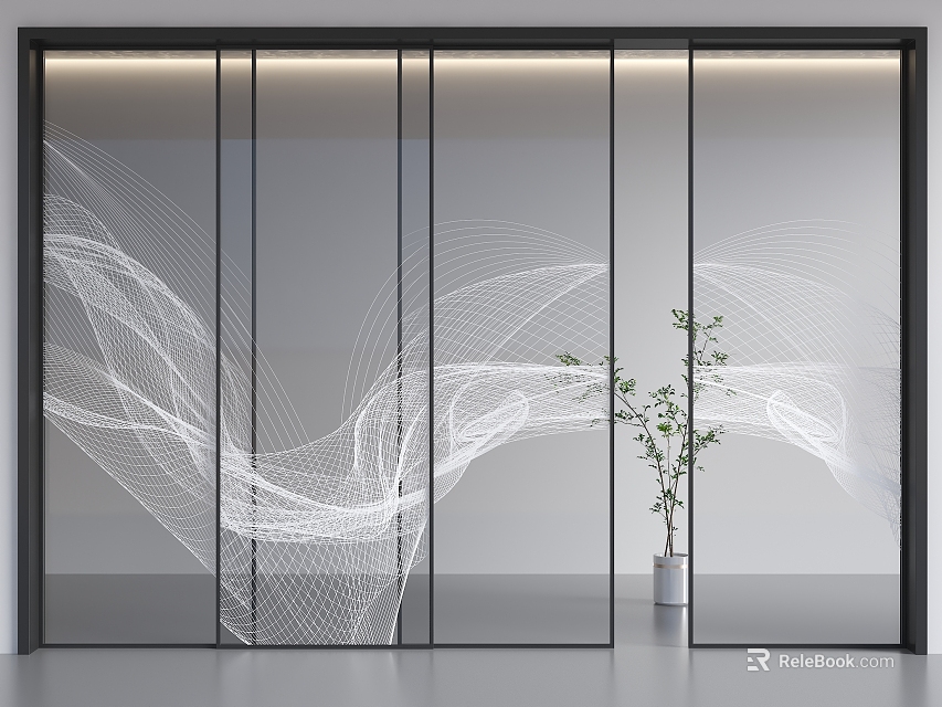 Modern Glass Sliding Doors With White Line Design In Interior Space And Green Plant 3d model 
