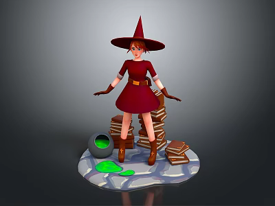 Witch Game Movie Character In Red Dress With Pointed Hat Magic Cauldron And Books 3d model