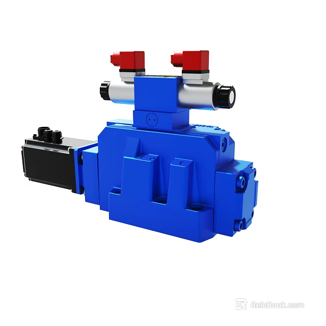 Blue Industrial Hydraulic Valve With Red Knobs And Silver Pipes 3d model