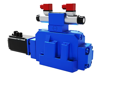 Blue Industrial Hydraulic Valve With Red Knobs And Silver Pipes 3d model