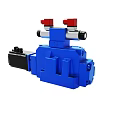 Blue Industrial Hydraulic Valve With Red Knobs And Silver Pipes 3d model