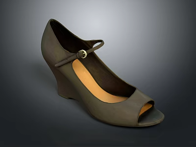 Dark Gray Leather Wedge Shoes With Peep Toe And Buckle Strap Design 3d model