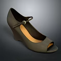 Dark Gray Leather Wedge Shoes With Peep Toe And Buckle Strap Design