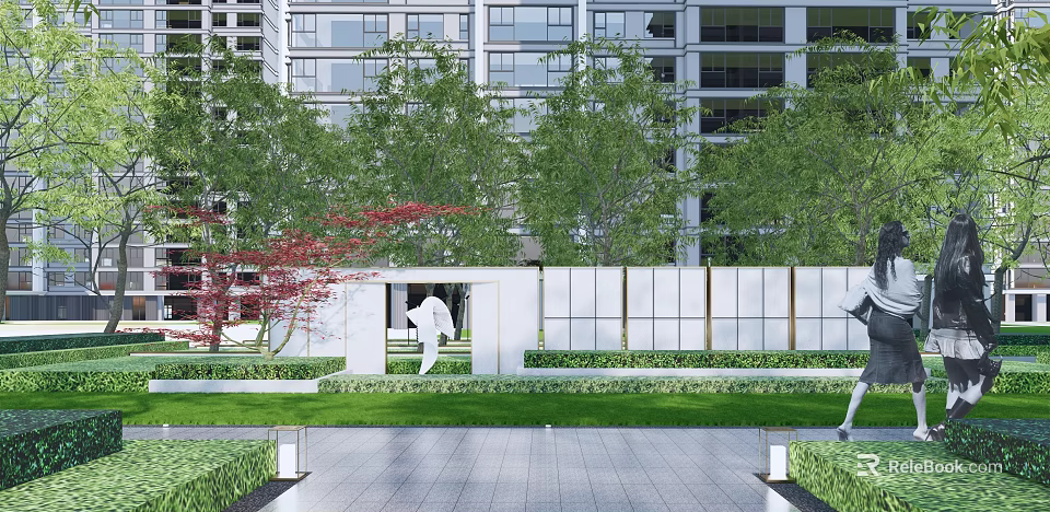 Modern Scenic Wall Design With White Panels Green Plants And Lawn In Front Of Building 3d model 