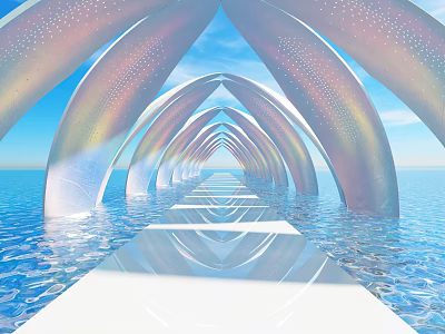 Arched Structures Pathway Over Water With Blue Sky And Mirror Reflections 3d model