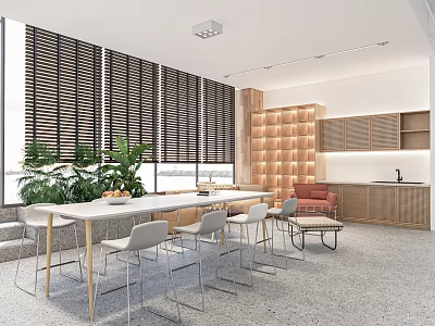 Modern Tea Room With Large Windows Blinds Green Plants Long Table Chairs And Wooden Shelves 3d model