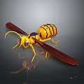 Detailed Yellow and Black Striped Wasp with Brown Wings 3D Rendering Model