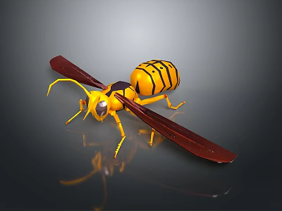 Detailed Yellow and Black Striped Wasp with Brown Wings 3D Rendering Model 3d model