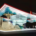 Chinese Style Modern Exhibition Booth Design With Mountain Water Patterns Red Eaves And Curved Structures