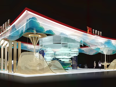 Chinese Style Modern Exhibition Booth Design With Mountain Water Patterns Red Eaves And Curved Structures 3d model
