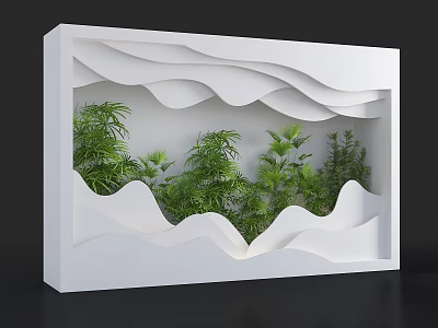 Green Plants in White 3D Frame with Wavy Design for Interior Decor 3d model