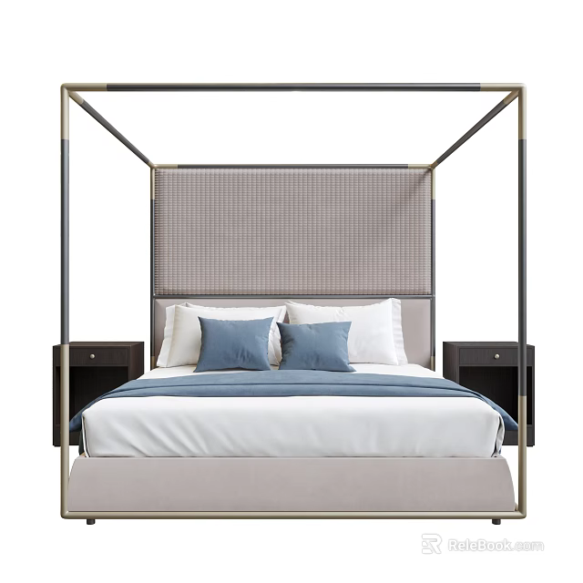 Double Bed With Rattan Headboard Gold And Dark Metal Frame And Side Nightstands 3d model 