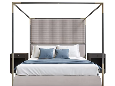 Double Bed With Rattan Headboard Gold And Dark Metal Frame And Side Nightstands 3d model