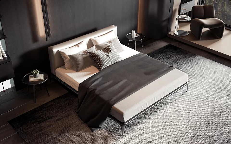 Modern Double Bed with Light Headboard Plush Pillows Dark Blanket and Bedside Tables 3d model 