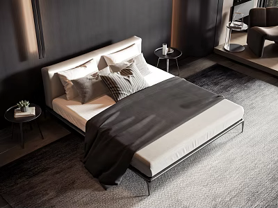 Modern Double Bed with Light Headboard Plush Pillows Dark Blanket and Bedside Tables 3d model