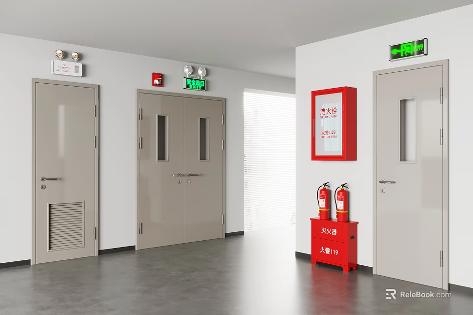 Interior Of Building Corridor With Doors Fire Extinguishers Exit Sign And Fire Hydrant 3d model 