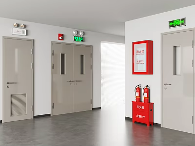 Interior Of Building Corridor With Doors Fire Extinguishers Exit Sign And Fire Hydrant 3d model