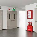 Interior Of Building Corridor With Doors Fire Extinguishers Exit Sign And Fire Hydrant
