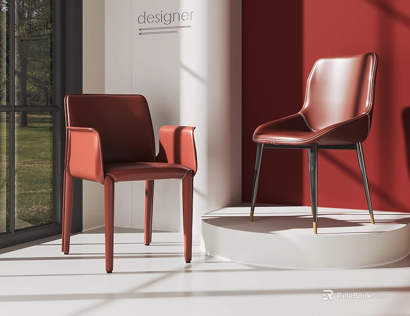 Elegant Red Leather Leisure Chairs With Modern Design And Metal Legs In Bright Room 3d model 