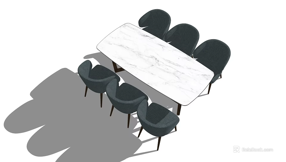 Modern Dining Table Set With Marble Top And Dark Upholstered Chairs 3d model