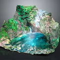 Natural Garden Landscape With Rockery Waterfall Turquoise Pool And Green Vegetation