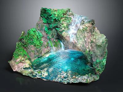 Natural Garden Landscape With Rockery Waterfall Turquoise Pool And Green Vegetation 3d model
