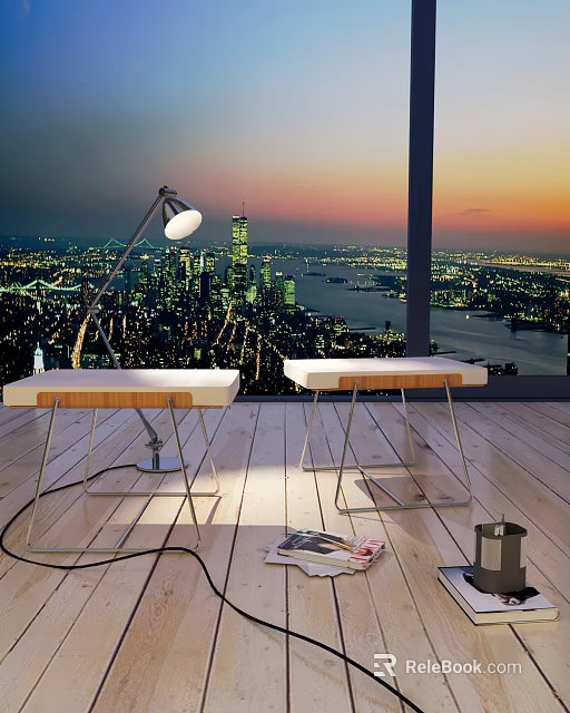 Floor Lamp In Modern Interior With City Night View Two Tables And Wooden Floor 3d model 