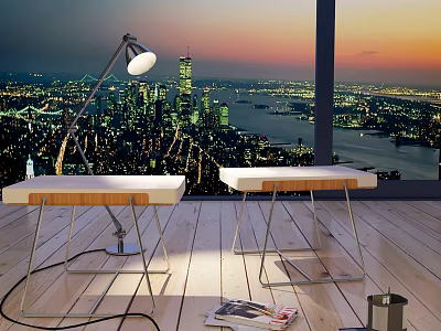 Floor Lamp In Modern Interior With City Night View Two Tables And Wooden Floor 3d model