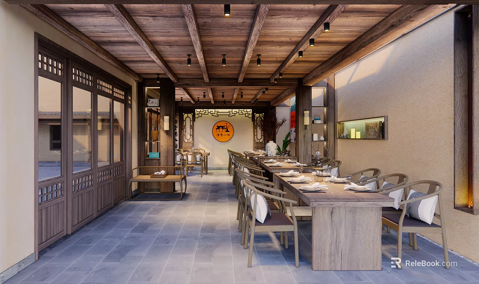 Traditional Chinese Restaurant Interior With Wooden Ceiling Long Dining Table And Seating 3d model 