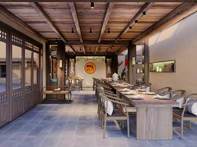 Traditional Chinese Restaurant Interior With Wooden Ceiling Long Dining Table And Seating 3d model