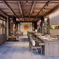 Traditional Chinese Restaurant Interior With Wooden Ceiling Long Dining Table And Seating