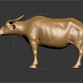 Golden Ox Sculpture With Shiny Surface Standing On Dark Background With Reflection