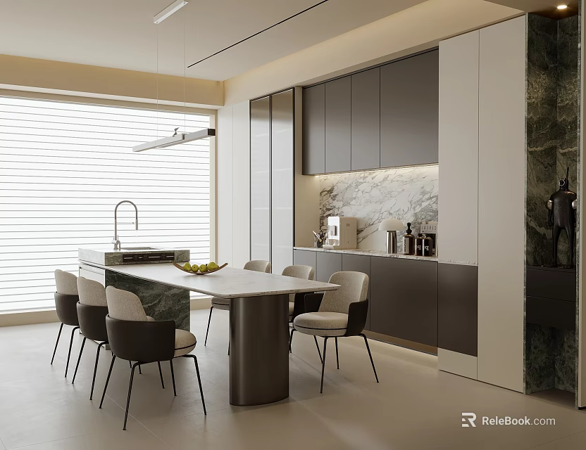 Modern Restaurant Interior Design With Dining Table Chairs Dark White Cabinets And Blinds 3d model