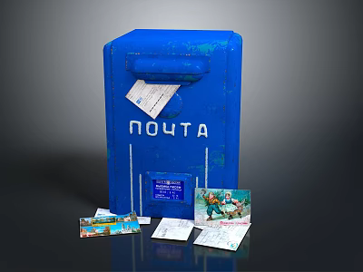 Blue Mailbox With ПОЧТА Sign And Scattered Postcards And Letters 3d model